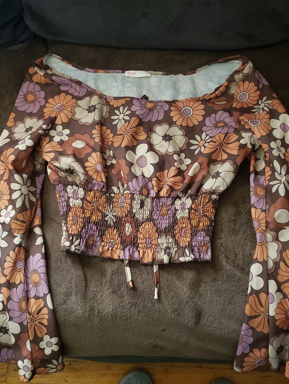 ROMWE Floral Smocked Long Sleeve Crop Top in Brown, Purple & Orange